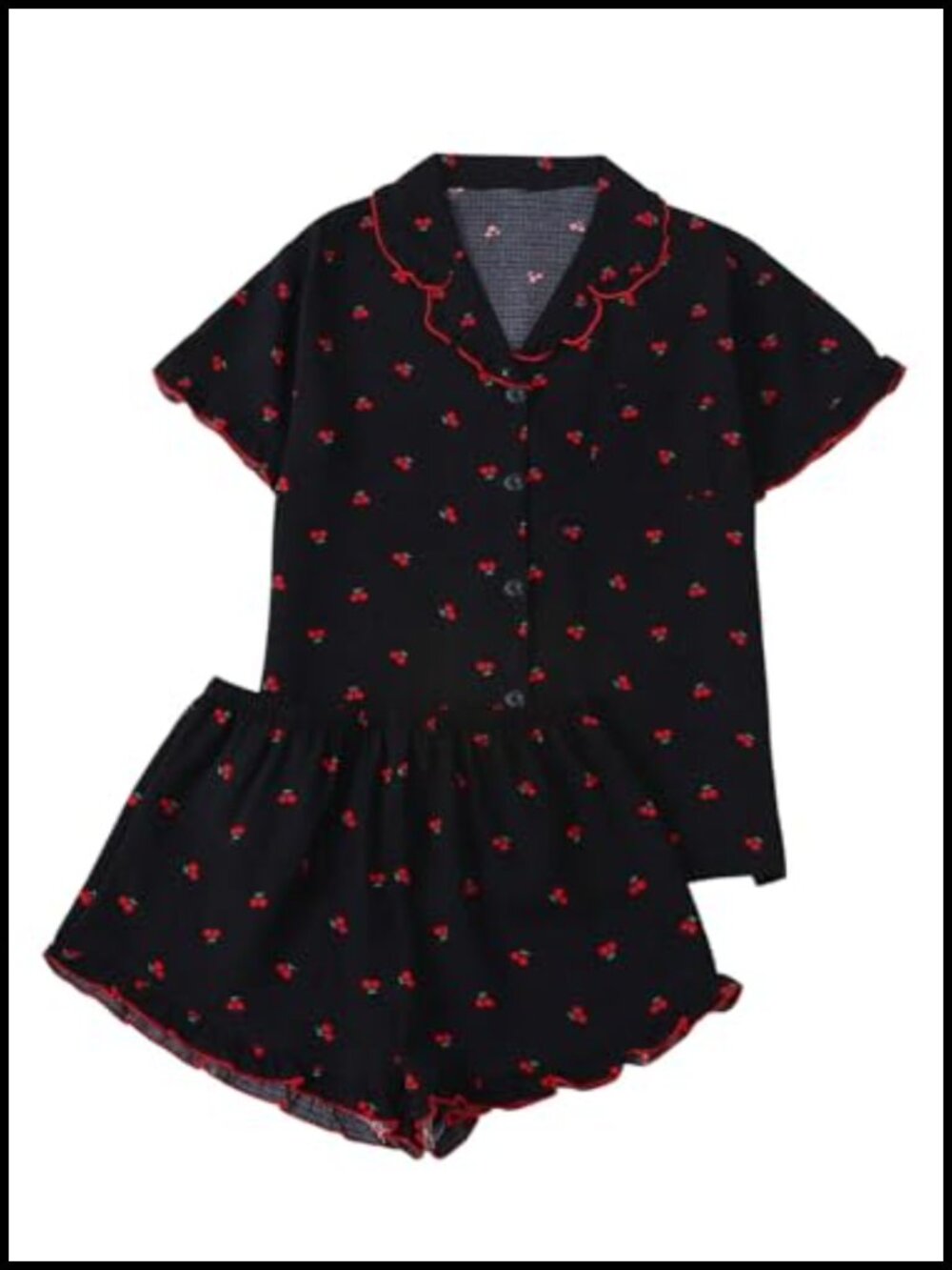 2 Piece Pajama Set Cherry Print Ruffle Button Down Shirt & Shorts
